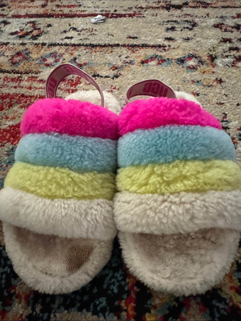 Kids Rainbow Faux-Sherpa Slide Sandals - Pink, Blue, Yellow, Cream